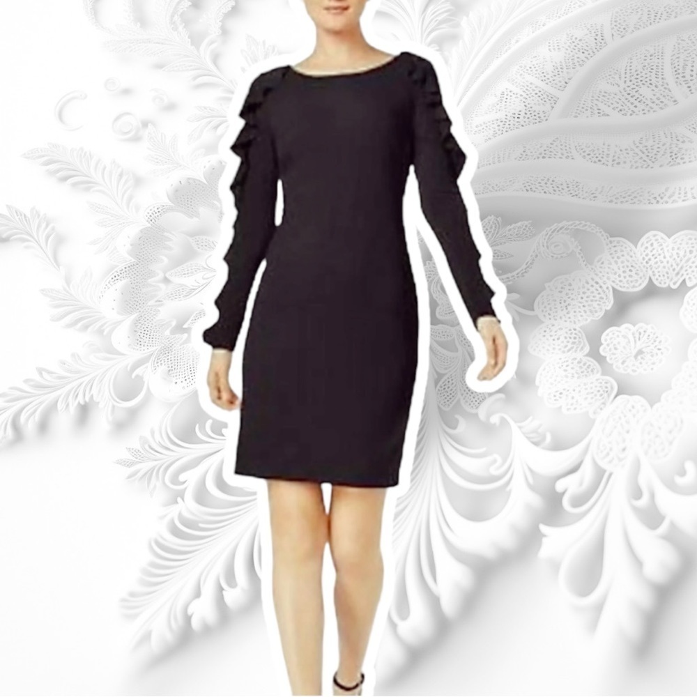 Calvin Klein Black Ruffle Long Sleeve Sheath Dress Size 4